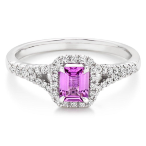 18ct White Gold Diamond Pink Sapphire Halo Engagement Ring